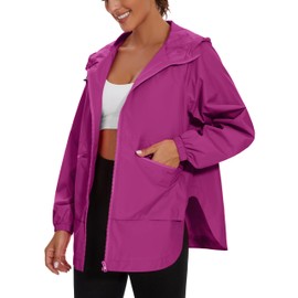 PESION Women's Waterproof Rain Jacket Lightweight Hooded Raincoat for Hiking Travel Outdoor, Violet Berry, XXLarge