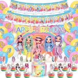42pcs Rainbow High Dolls Birthday Party Supplies Pack Includes，Banner，Cake Topper，Blackdrop,Balloons for Rainbow High Dolls party supplies (234)