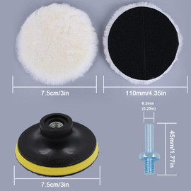 Abnaok Car Polishing Pads, 5 PCS Drill Polishing Kit 3 Inch Wool Buffing Pads with Hook Loop Pad and Thread Drill Adapter for Car Polishing Buffing Waxing