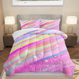 Nttopship Pink Rainbow Gradient Star Comforter Set Twin Size,Colorful Bedding Set for Boys Girls Teens,Tie Dye Pastel 3 Pieces Duvet Sweet Bedroom Decor
