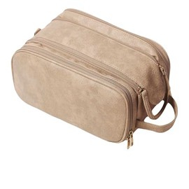 Premium Toiletry Travel Bag, Suede Leather, Multi-Compartment Dopp Kit with Handle, Beige
