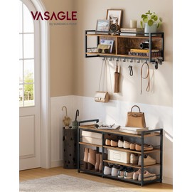VASAGLE Hall Tree with Shoe Bench, Coat Rack Shoe Bench Set, Entryway Furniture, Multifunctional, 12 Metal Hooks, 4-Tier Shoe Rack, for Entryway, Bedroom, Rustic Brown ULSB108K01