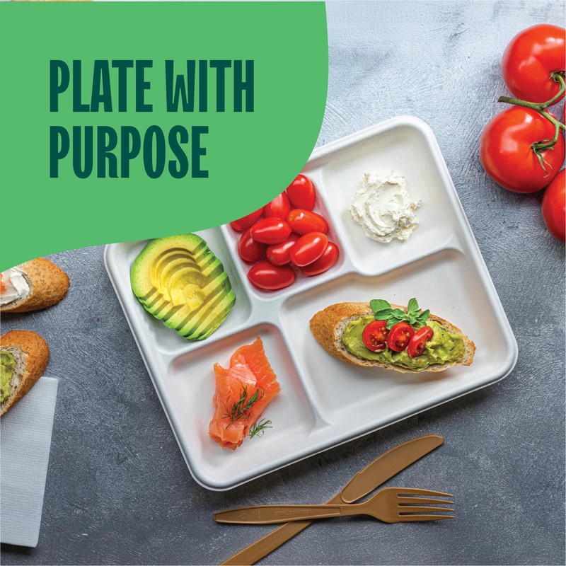 100% Compostable, 5 Compartment, Disposable Paper Plates [125-Pack] - {PFAS