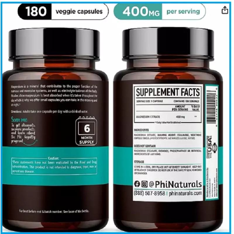 Phi Naturals Magnesium Citrate 400mg 180 Caps Vegetarian/Glu