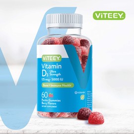 Vitamin D3 Gummies Ultra Strength 125mcg 5000 IU - Bone Health, Immune Health, Joint Muscle Support - Dietary Supplement, Pectin Gummy - for Adults Teens & Kids - Berry Flavors [60 Count-1 Pack]