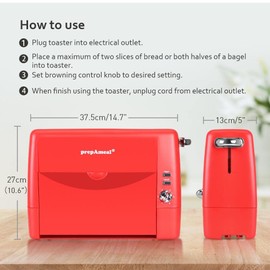 prepAmeal Long Slot Toaster 2 Slice Toaster with 6 Shade Settings, Bagel/Cancel, Extra Wide Slots, Removable Crumb Tray, for Bagels, Waffles, Breads, Puff Pastry, Snacks (2-Slice, Red)