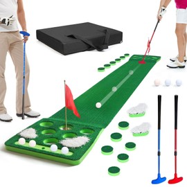 KEMLDIVS Golf Pong Game Set, Detachable Golf Pong Putting Mat with 8 Golf Balls, 2 Golf Cups & Flags, 1 Portable Bag, Golf Putting Green for Indoor & Outdoor Party Game Use (Green with Putter)