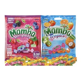 Berrytasty and Tropics Assorted Fun flavored Mamba Fruit Chews | Individually Wrapped Chewy Candies | Mango - Orange, Apple - Kiwi, Pineapple, Berry, Coconut, Peach - Passion Fruit | Soko Smiles Pocket Bag.