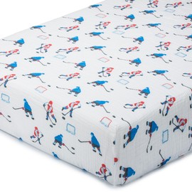 LollyBanks Muslin Crib Sheet for Boys 1 Pack, 100% Cotton Soft and Breathable Crib Fitted Sheet for Standard 52"x28" Mattress, Cozy and Snug Baby Bed Sheets, Baby Essentials (Ice Hockey Print)