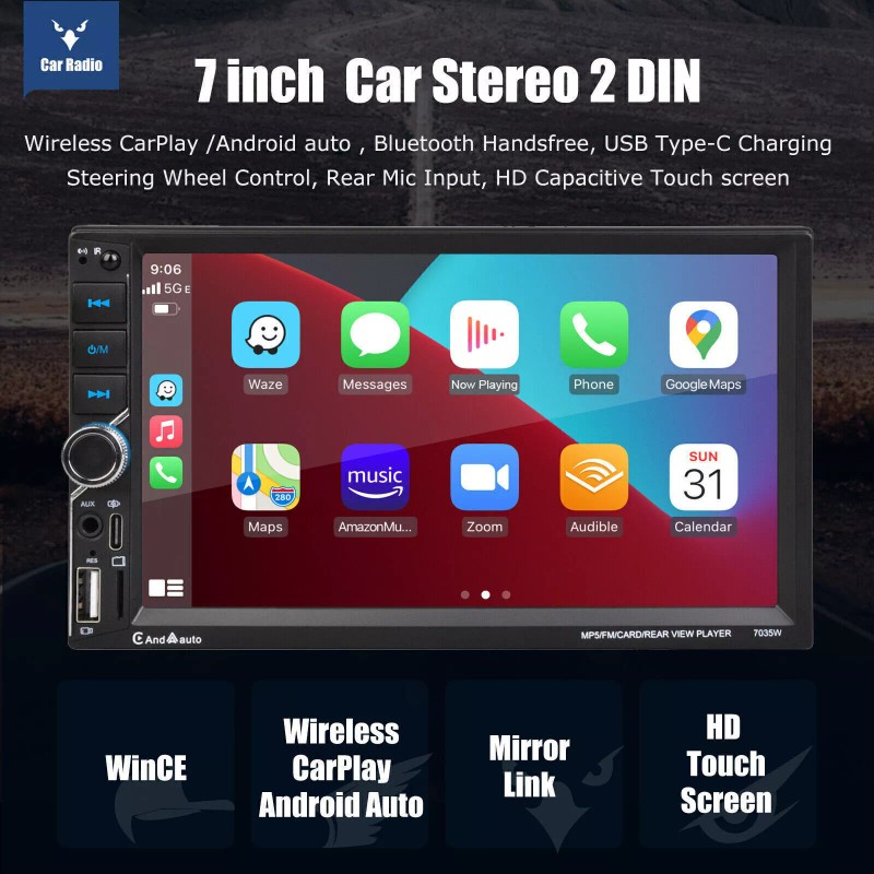 ESSGOO 7" Double 2 DIN Wireless Apple Carplay Car Stereo