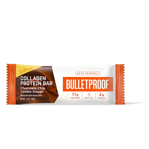 Collagen Protein Bars, Cookie Dough, 11g Protein, Single Bar, Bulletproof Grass Fed Healthy Snacks, Made with MCT Oil, 2g Sugar, No Added Sugar