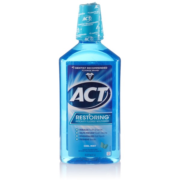 ACT Restoring Fluoride Mouthwash 33.8 fl. oz. Strengthens Tooth Enamel, Cool Mint