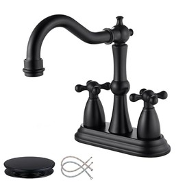 Matte Black Bathroom Faucet Antique, 4 Inch Centerset Bathroom Faucet 3 Hole, Stainless Steel Antique Bathroom Faucet Lavatory Faucet with Pop Up Drain Assembly and Supply Hose, SE-0038-BK