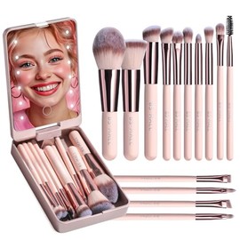BS-MALL Juego de Brochas de Maquillaje de Viaje, Base, Corrector de Polvo, Sombras de Ojos, Conjunto de Maquillaje Con Espejo de Luz Led, 14 Piezas, Mini Brochas de Maquillaje (Apink)