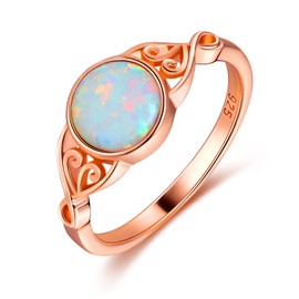 Gemsme 925 Sterling Silver Ring for Women 14K Rose Gold Plated 6MM Round Cut Created Opal White Opal Band Rings Engagement Promise Ring Jewelry Size 10