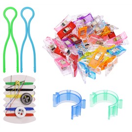 PPhtony Sewing Clips Set 25Pcs Assorted Color Multipurpose Plastic Fabric Quilting Clips with Threaded Needle Kit Bobbin Threaded Holder Bobbin Clips for Crocheting Crafting Knitting Binding (100)
