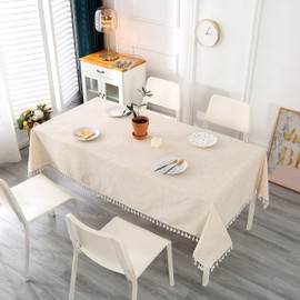 SUCHDECO Beige Tablecloth Linen Rectangular Tablecloth Washable Kitchen Tablecloth for Birthday Party Wedding with Tassel Table Linen for Home Decoration, 140 x 240 cm