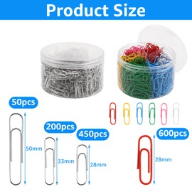 VIDETOL 1300 Stück Büroklammer, 700 Büroklammern Silber (3 Größen) und 600 Büroklammern Bunt, Metall Paper Clips für Sortieren Dokumenten, Postern und Rechnungen
