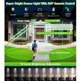 CLY 25 W LED Spotlight with Motion Sensor Outdoor Remote Control 2350LM 6500K Cool White LED Floodlight with Sensor IP66 Waterproof Outdoor Spotlight 4 Modes 10 Brightness Levels Headlight for Garage