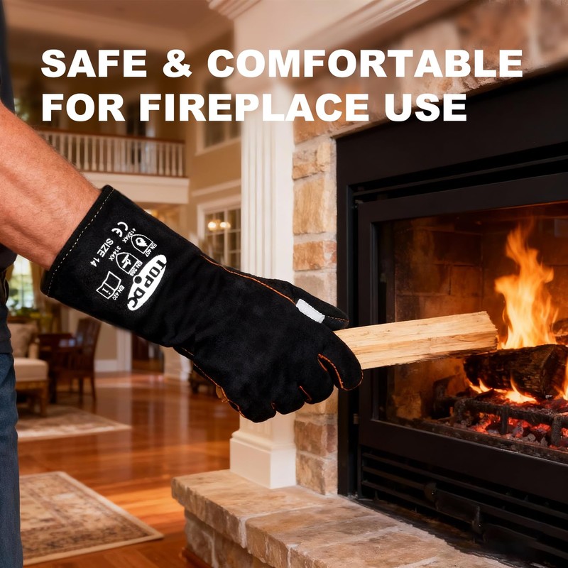 TOPDC Fireplace Gloves 14 Inches Welding Gloves Fire/Heat Resistant Leather