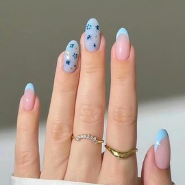 RikView Medium Press on Nails French Fake Nails Blue Nails Almond Acrylic Nails with Flowers Design Glossy Full Cover Nails for Women 24 PCS