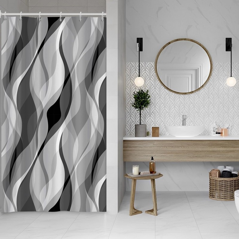 Ruelvth Grey Shower Curtain, Modern Abstract Black and Grey Striped