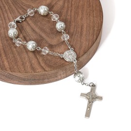 Nazareth Store Saint Benedict Evil Protection Medal White Clear Crystal Beads Rosary Car Auto Mirror Rearview