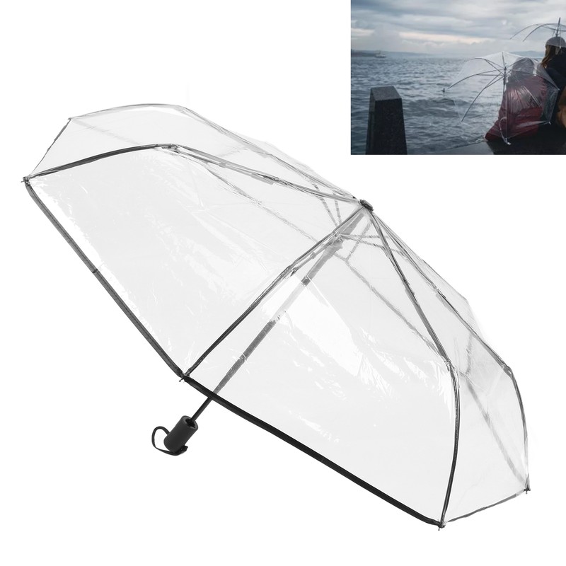 Clear Automatic Foldable Umbrella 8 Ribs 3 Folding Black Edging