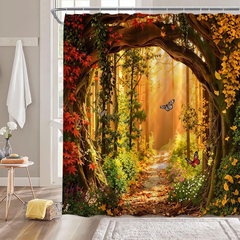 Fall Forest Shower Curtain Set,Autumn Bathroom Decor Curtain