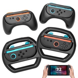 2 Pack Joy Con Grip and 2 PCS Joy Con Steering Wheel for Switch 2, Ergonomic Design Anti Slip Handle Kits for Joy-Con 2 Controllers,Compatible with Switch 2 Controllers,Ideal for Family Fun and Gift