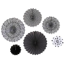 Paper Fan Decorations, Black Pom Poms Paper Fans Paper Flowers Decorations Fan Paper, 6PCS Wall Hanging Decoration Paper Decorations Hanging for Wedding Festival Infant Baptism, Black White