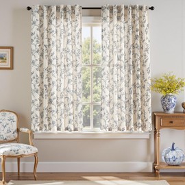 Lazzzy Charlotte Linen Farmhouse Curtains Blue Floral Curtains 63 Inch Length Back Tab Drapes for Living Room Bedroom Light Filtering Country Vintage Rod Pocket Curtain, 2 Panels, Blue on Beige