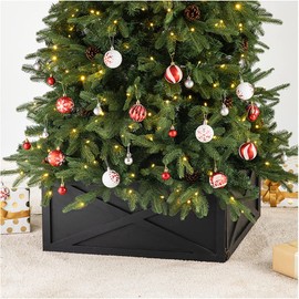 Glitzhome Washed Black Wooden Tree Collar Tree Stand Cover Christmas Tree Skirt Tree Box, 26" L X 26" W