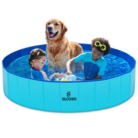 SLOOSH Foldable Dog Kiddie Pool - Portable Hard Plastic Doggie Swimming Pool, Anti-Slip Collapsible Pets Bath Tub Suitable for Kids Indoor Outdoor Backyard Use (63" x 12", Blue)