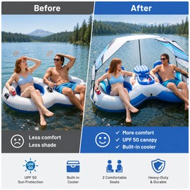 Inflatable River Tube with Canopy for Pool & Lake Lounging – 1–2 Person Floating Raft with Cup Holders