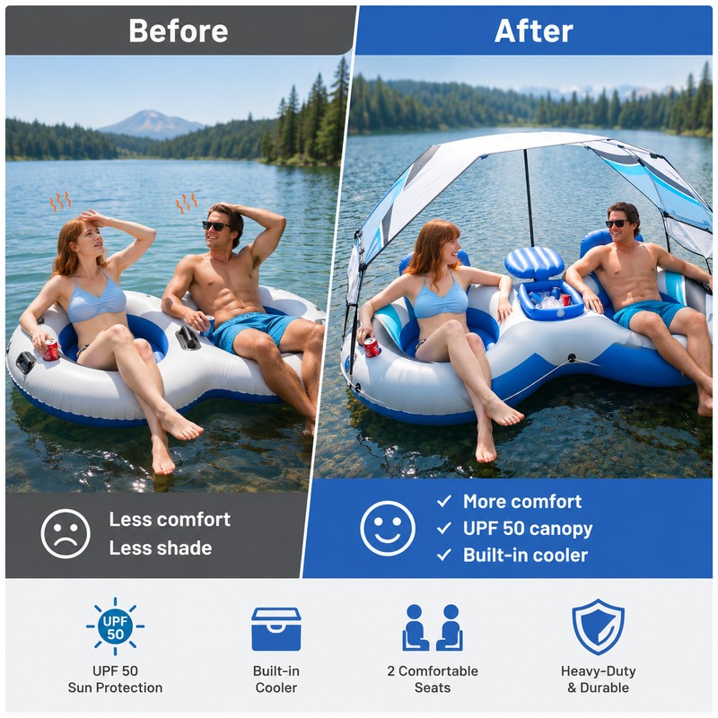 Inflatable River Tube with Canopy for Pool & Lake Lounging