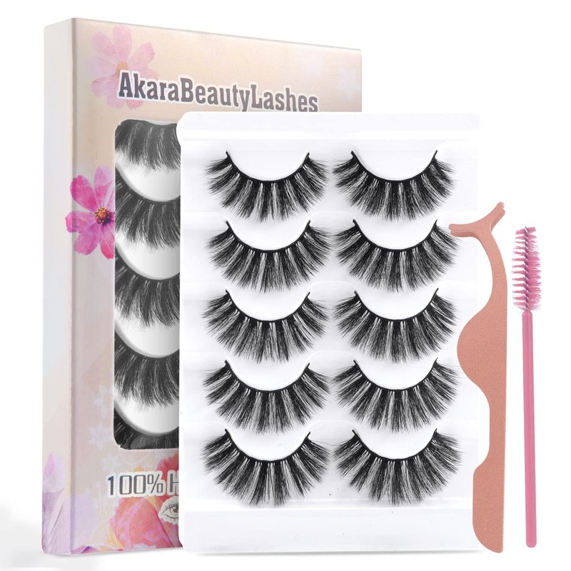 AKARABEAUTYLASHES 5 Pairs Wispy Lashes, Faux Mink, Natural Look, Fluffy