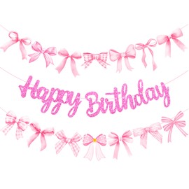 Coquette Birthday Banner Decorations - 3Pcs Bow Theme Banners for Wedding Anniversary Party Decor