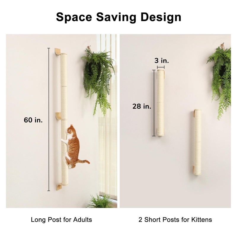 FUKUMARU Cat Wall Scratcher, 60" Tall Wall Mounted Kitten Scratching