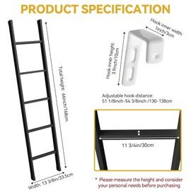 66inch RV Bunk Bed Ladder, 66" Heavy Duty Travel Trailer Bed Ladders, Metal Camper Bunk Bed Ladder with 4 Hook and Foot Caps, 330 LBS Loading Twin Bed Step Ladder Portable Stairs Steps, Black
