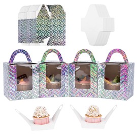 Roponan 30 Pieces Single Cupcake Boxes, Paper Bakery Boxes, Individual Cupcake Carriers with Clear Display Window, Handle and Insert (Shiny Silver)