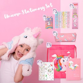Maomaoyu Unicorn Gift Set for Girls and Boys with 12 Unicorn Pencils and 1 Pencil Case, Beautiful Cartoon Notebook, Aesthetic Stickers and Cute Sticky Notes, Pink