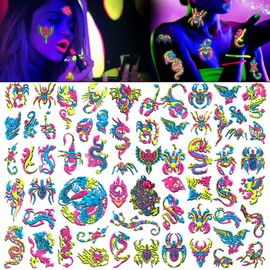 HOWAF 10 Sheets UV Neon Temporary Tattoos, Fluorescence UV Neon Body Face Tattoos for Makeup Party Rave Festival Women Dancing Party Decorations Supplies, Glow in the Dark Black Light Fake Tattoos