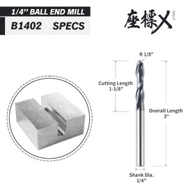 ZahyoX 2 Flutes TiAlN Coated Ball Nose End Mill, Solid Carbide Upcut Spiral CNC Router Bit, 1/4" Diameter, 1/8" Radius, 1/4" Shank, 1-1/8" Cutting Length, 3" Overall Length, CNC Cutter Milling Tool