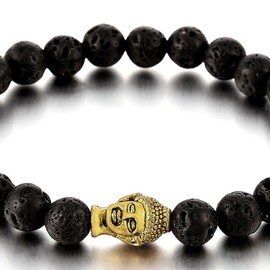 COOLSTEELANDBEYOND Mens Boys Black Volcanic Stone Beads Bracelet with Gold Color Buddha, Tibetan Buddhist Prayer Mala
