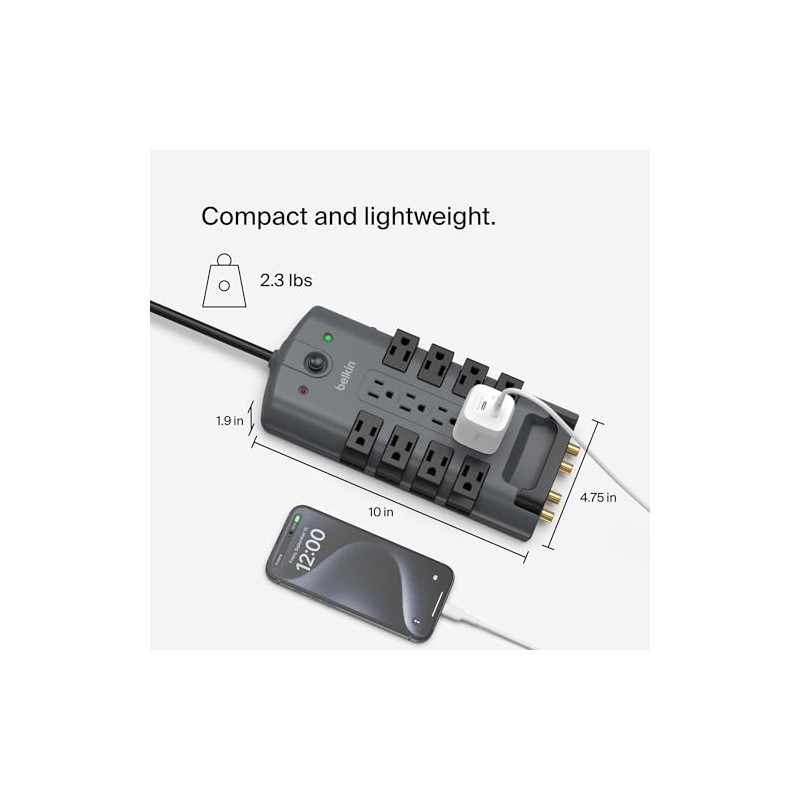 Belkin BP112230-08 Supresor de Picos Enchufe de Pivote, 12 Salidas,