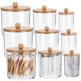 Meanplan 9 Pack Acrylic Holder Dispenser Plastic Apothecary Jars with Lids for Cotton Ball, 10/22/39 oz Clear Plastic Storage Jars Floss Holder Container for Swab Bathroom, 3 Sizes (Wooden Lid)