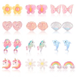 Sanfenly 12 Pairs Kids Clip On Earrings for Girls Bling Butterfly Dolphins Rainbow Flower Heart Earrings No Pierced Girls Earrings Dress Up Jewelry Set for Kids