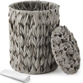 Ctosree 1.3 Gallons Small Trash Can with Lid Handle Boho Woven Braided Bathroom Waste Basket Trash Can with 100 Garbage Bags for Bedroom Office Laundry(Grey,Braided Polypropylene,Round)