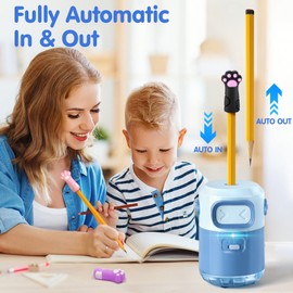 Electric Pencil Sharpener for Kids, Fully Automatic Pencil Sharpener for Colored Pencils, Rechargeable Sharpener Plug in, Auto in&Out Robot Pencil Sharpeners for Classroom/Home/Office,Blue